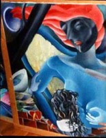 painting i did to allegorize the situation with "aria tanner": The Excellent Taste of Our Benefactors: 4' x 5', acrylic on canvas, a black-faced, red-haired angel is breastfeeding a kneeling woman (my ex, in fact) in a garden, during an eclipse